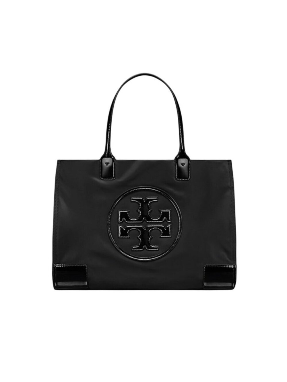 Pre-owned Tory Burch Ella T Logo Nylon Patent Large Tote Bag Black 10008684